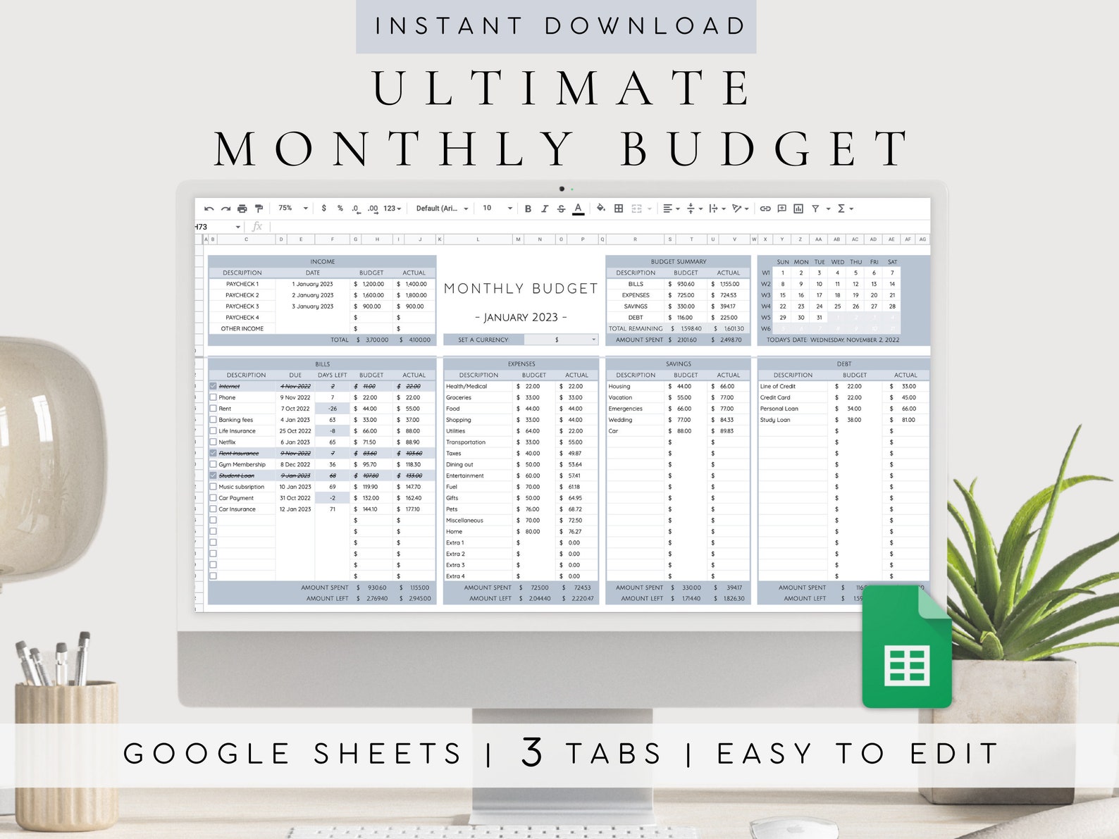 Financial Planner Spreadsheet Ultimate Monthly Budget Google Etsy