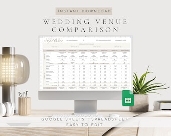 Puede incluir: Un monitor de computadora que muestra una hoja de cálculo digital para comparar lugares de bodas. La pantalla presenta una tabla con columnas para detalles del lugar, costos y una cuenta regresiva. El texto dice Wedding Venue Comparison.