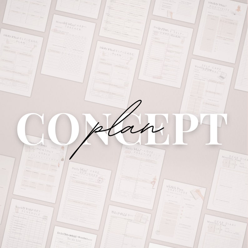 May include: A collection of printable planner pages with titles such as "Daily Self-Care Plan", "Monthly Goal Tracker", "Daily Self-Love Co-Practice", and "Brain Dump". The pages are designed in a minimalist style with a light pink background and black text.