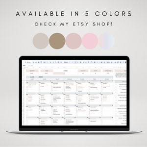 May include: A digital calendar template for June 2023, displayed on a laptop screen. The calendar is designed for productivity and includes sections for tasks, appointments, and notes. The template is available in five colors: beige, brown, pink, blue, and a gradient.