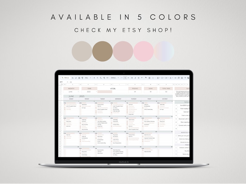 May include: A digital calendar template for June 2023, displayed on a laptop screen. The calendar is designed for productivity and includes sections for tasks, appointments, and notes. The template is available in five colors: beige, brown, pink, blue, and a gradient.