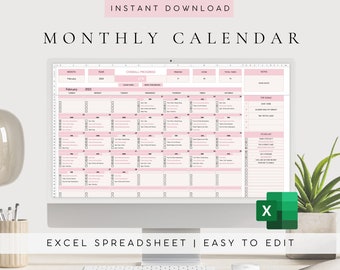Editable Digital Monthly Calendar Template | Task Tracker Excel | To Do List Template Spreadsheet | Daily, Monthly Planner| Calendar Planner