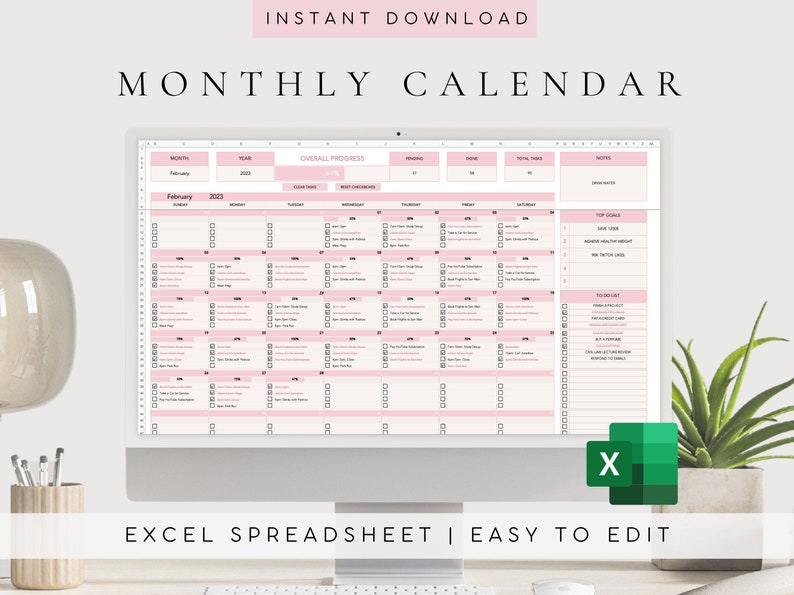 Editable Monthly Calendar Template, Task Tracker, To-do List (excel ...