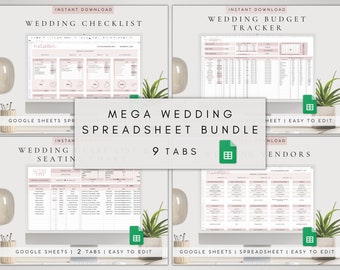 Bundel met Google Spreadsheets-huwelijksplanner | Budgetchecklist Stoelentabel | Minimalistische sjabloon voor leverancierstracker