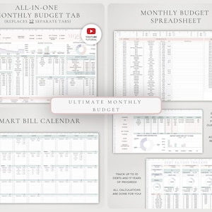 May include: A digital financial planning tool titled Ultimate Monthly Budget featuring an all-in-one monthly budget tab, a monthly budget spreadsheet, a smart bill calendar, a sinking funds tab, and a debt payoff tracker with automated calculations.