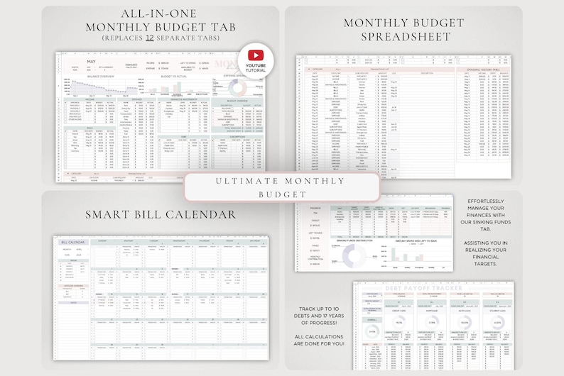 May include: A digital financial planning tool titled Ultimate Monthly Budget featuring an all-in-one monthly budget tab, a monthly budget spreadsheet, a smart bill calendar, a sinking funds tab, and a debt payoff tracker with automated calculations.