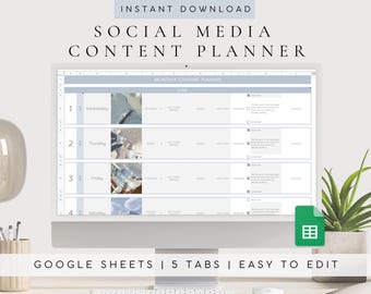 Social Media Content Planner Spreadsheet Google Sheets, Weekly Monthly Calendar Schedule Organizer Template