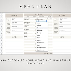 May include: A printable meal planner with a grocery list and space to plan meals for Monday and Tuesday. The grocery list includes categories for fruit, snacks, meat, seafood, vegetables, beverages, dairy, frozen, baking, pantry staples, grains, beans and legumes, and snacks and other. The planner has a total estimated cost of $90.00.