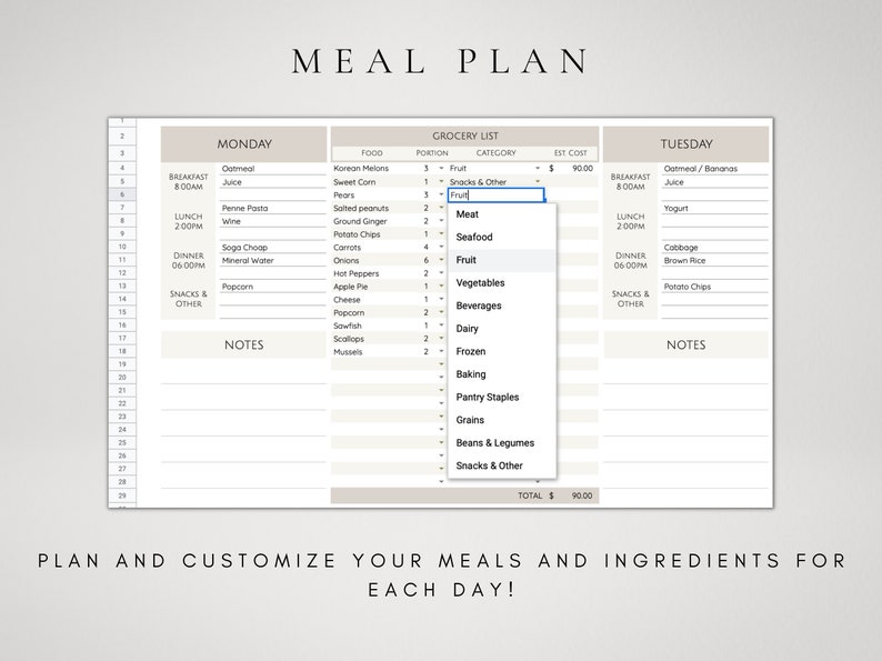 May include: A printable meal planner with a grocery list and space to plan meals for Monday and Tuesday. The grocery list includes categories for fruit, snacks, meat, seafood, vegetables, beverages, dairy, frozen, baking, pantry staples, grains, beans and legumes, and snacks and other. The planner has a total estimated cost of $90.00.