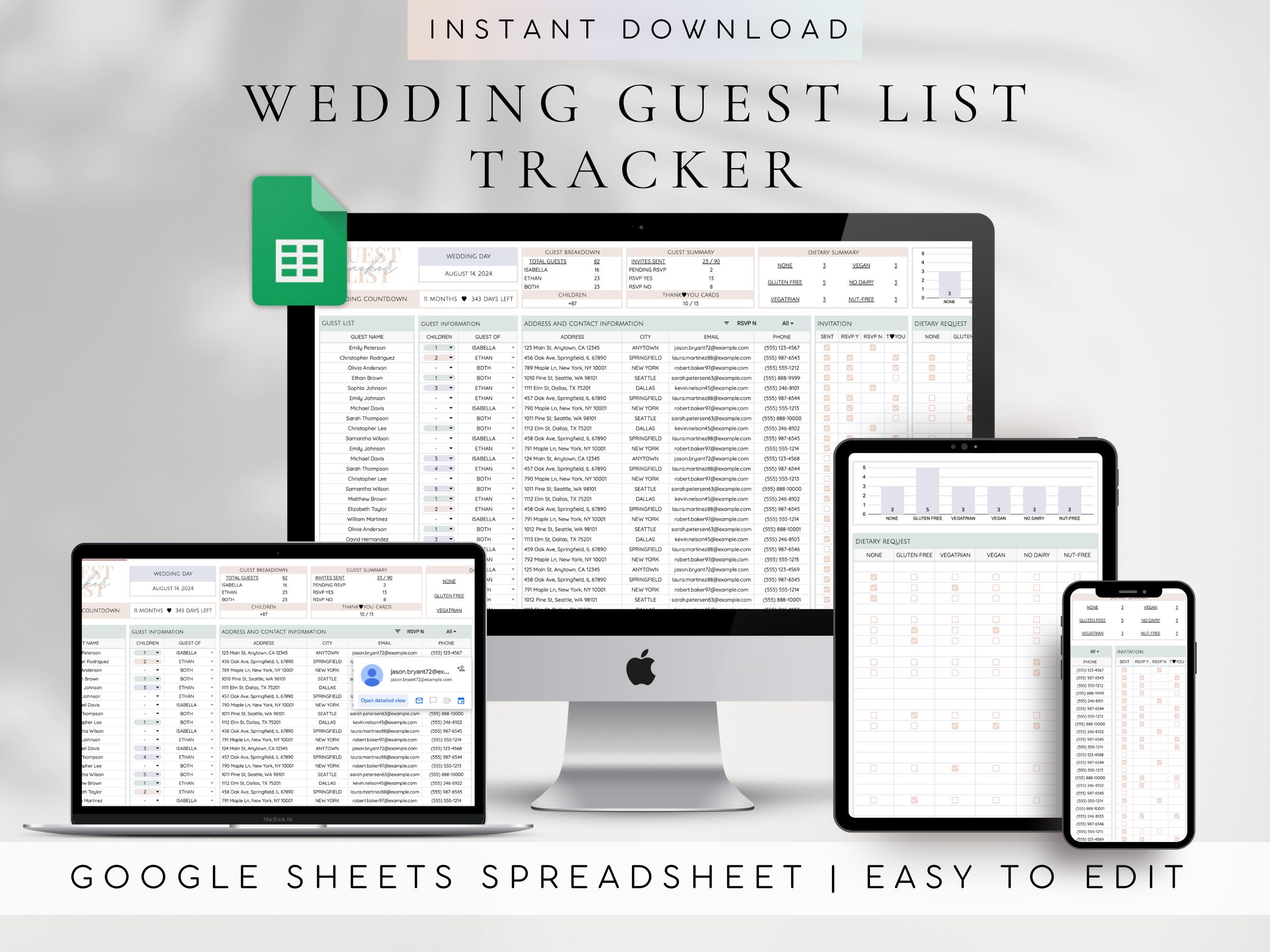 Digital Wedding Guest List Organizer Google Sheets | RSVP Tracking ...