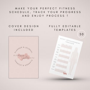 Puede incluir: Un planificador y diario de fitness imprimible con un dise&ntilde;o geom&eacute;trico rosa y blanco. La portada presenta el texto "Planner & Journal" y "Fitness Planner". La segunda p&aacute;gina es un rastreador de medidas corporales con una silueta de una persona.