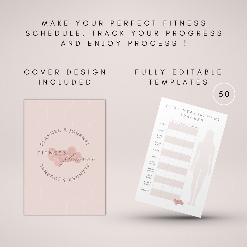 Puede incluir: Un planificador y diario de fitness imprimible con un dise&ntilde;o geom&eacute;trico rosa y blanco. La portada presenta el texto "Planner & Journal" y "Fitness Planner". La segunda p&aacute;gina es un rastreador de medidas corporales con una silueta de una persona.