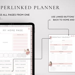 May include: A digital planner with a pink and white design. The planner has a home page with sections for personal info, daily trackers, weekly trackers, monthly trackers, yearly trackers, budget tracker, self-care planner, travel planner, and challenge list. The planner also has a monthly budget page with sections for income, savings, and expenses.