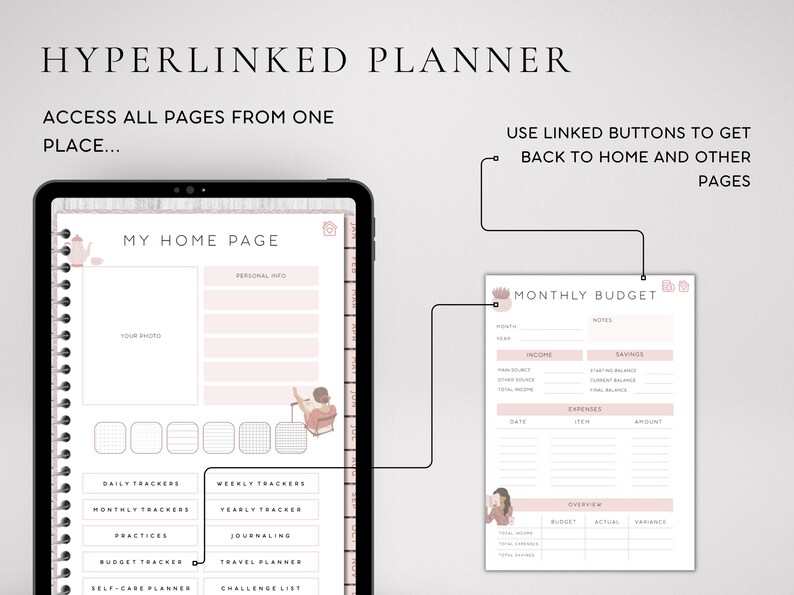 May include: A digital planner with a pink and white design. The planner has a home page with sections for personal info, daily trackers, weekly trackers, monthly trackers, yearly trackers, budget tracker, self-care planner, travel planner, and challenge list. The planner also has a monthly budget page with sections for income, savings, and expenses.