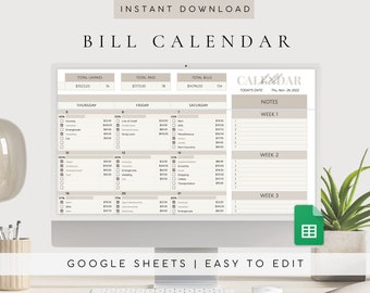 May include: A computer screen displaying a Google Sheet template for a bill calendar. The calendar is divided into three sections: Thursday, Friday, and Saturday. Each section has a list of bills with checkboxes to mark them as paid. The sheet also includes a notes section for each week. The text on the screen reads "Bill Calendar", "Total Unpaid", "Total Paid", "Total Bills", "Today's Date", "Notes", "Week 1", "Week 2", "Week 3", and "Google Sheets | Easy to Edit".