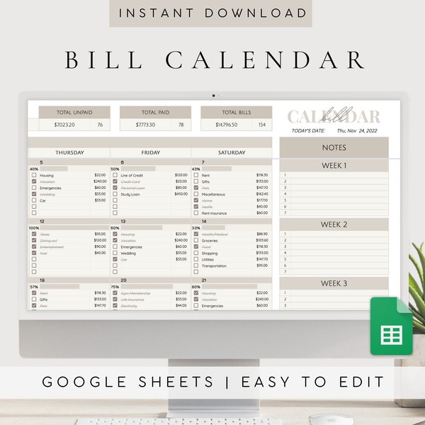 Bill Tracker Spreadsheet | Monthly Bill Payment Log | Bill Calendar 2023 2024 Google Sheets | Expense Tracker Template | Finance Tracker