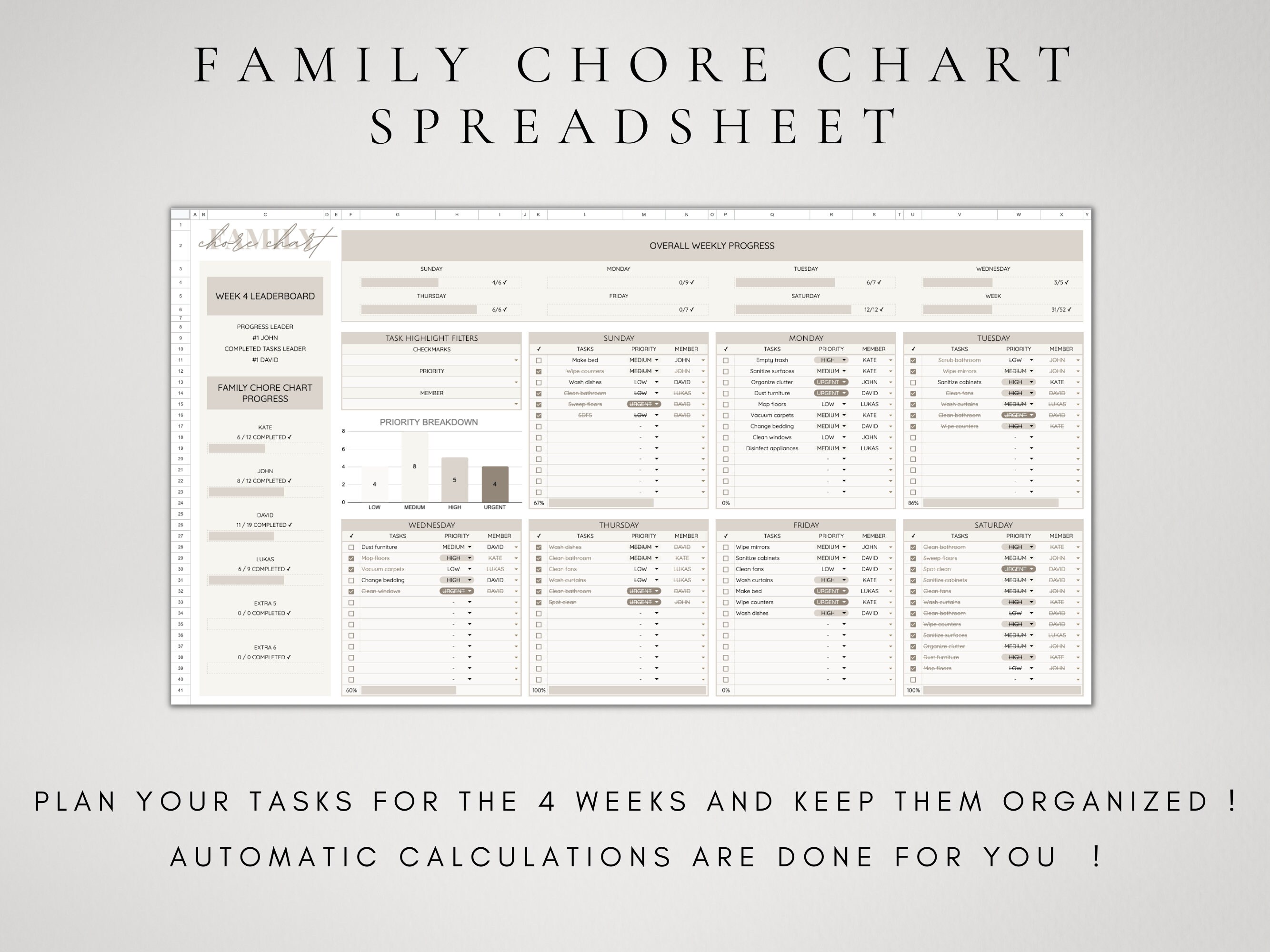 Family Chore Chart Spreadsheet | to Do List Template | Household Task ...
