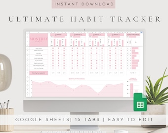 Digital Habit Tracker Spreadsheet Template | Goal Setting | Goal Tracker | Daily, Weekly, Monthly Habits | 2024 2025 Digital Planner | Tasks