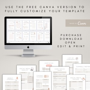 May include: A computer screen displaying a Canva template with various printable planner pages. The pages include sections for weekly content, social media analysis, content planning, statistics, core topics, a list of contents, Cornell notes, and a social media tracker. The text "MADE IN Canva" appears in the upper right corner of the screen. The text "PURCHASE DOWNLOAD OPEN EDIT & PRINT" appears below the screen.