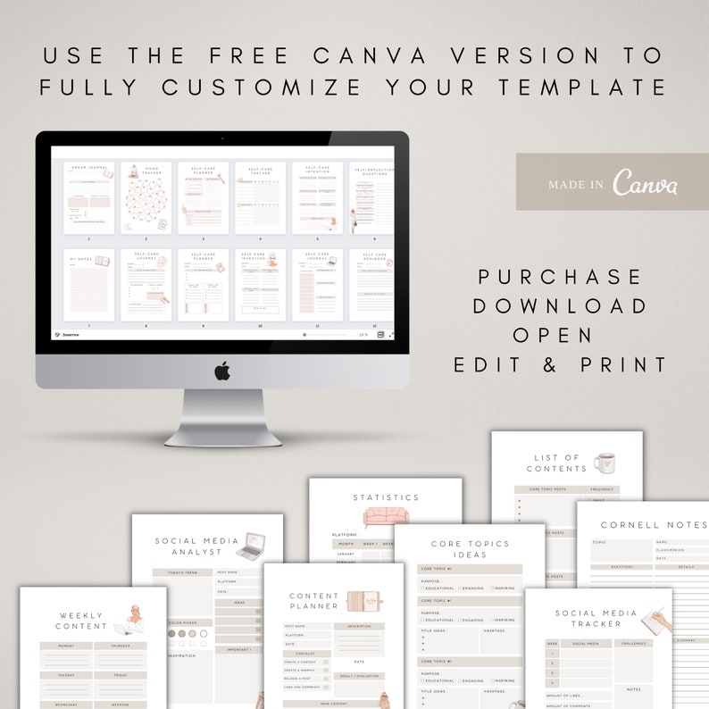 May include: A computer screen displaying a Canva template with various printable planner pages. The pages include sections for weekly content, social media analysis, content planning, statistics, core topics, a list of contents, Cornell notes, and a social media tracker. The text "MADE IN Canva" appears in the upper right corner of the screen. The text "PURCHASE DOWNLOAD OPEN EDIT & PRINT" appears below the screen.