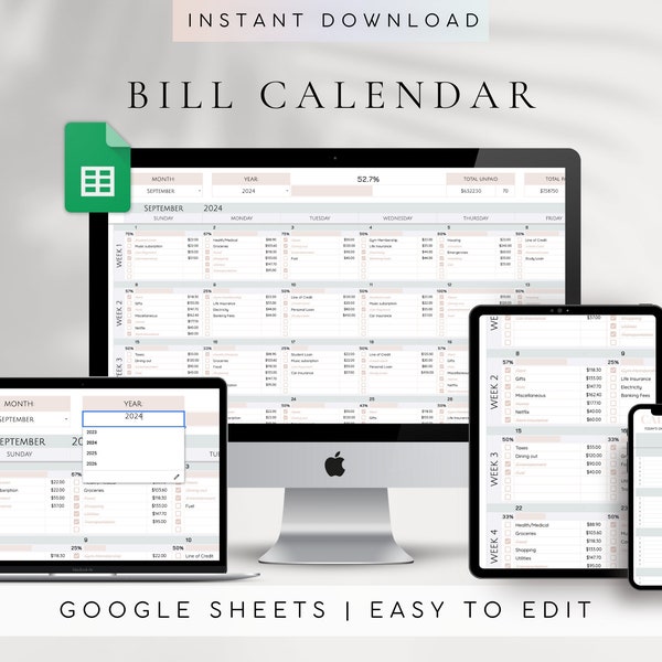 Digitale maandelijkse factuurkalendersjabloon Google Spreadsheets | Onkostenregistratie Google Spreadsheets | Factuurtracker-sjabloon | Budgetspreadsheet | Kalender