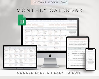 Modèle de feuille de calcul de calendrier mensuel Google Sheets | Suivi des tâches | Calendrier quotidien | Calendrier numérique 2024 2025 | Liste de tâches | Suivi de buts