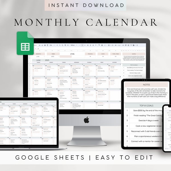 Monatskalender-Tabellenvorlage Google Sheets | Aufgabenverfolgung | Tageskalender | Digitaler Kalender 2024 2025 | To-Do-Liste | Zielverfolgung