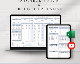 May include: A digital image showing a laptop and tablet screen displaying a Microsoft Excel spreadsheet with two tabs labeled "Budget by Paycheck" and "Budget Calendar". The spreadsheet is designed to help users track their budget and expenses. The image includes the text "INSTANT DOWNLOAD", "PAYCHECK BUDGET & BUDGET CALENDAR", "MICROSOFT EXCEL | 2 TABS | EASY TO EDIT", and "May 1".