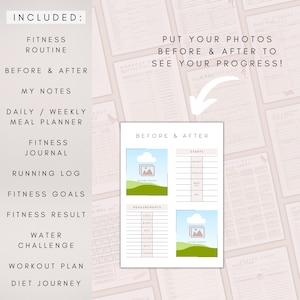 Puede incluir: Un diario de fitness imprimible con secciones para fotos antes y despu&eacute;s, medidas, planificaci&oacute;n de comidas diarias, objetivos de fitness y un desaf&iacute;o de agua. El texto "&iexcl;Pon tus fotos antes y despu&eacute;s para ver tu progreso!" est&aacute; en la parte superior de la p&aacute;gina.