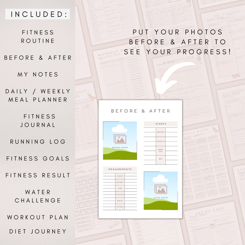 Puede incluir: Un diario de fitness imprimible con secciones para fotos antes y despu&eacute;s, medidas, planificaci&oacute;n de comidas diarias, objetivos de fitness y un desaf&iacute;o de agua. El texto "&iexcl;Pon tus fotos antes y despu&eacute;s para ver tu progreso!" est&aacute; en la parte superior de la p&aacute;gina.