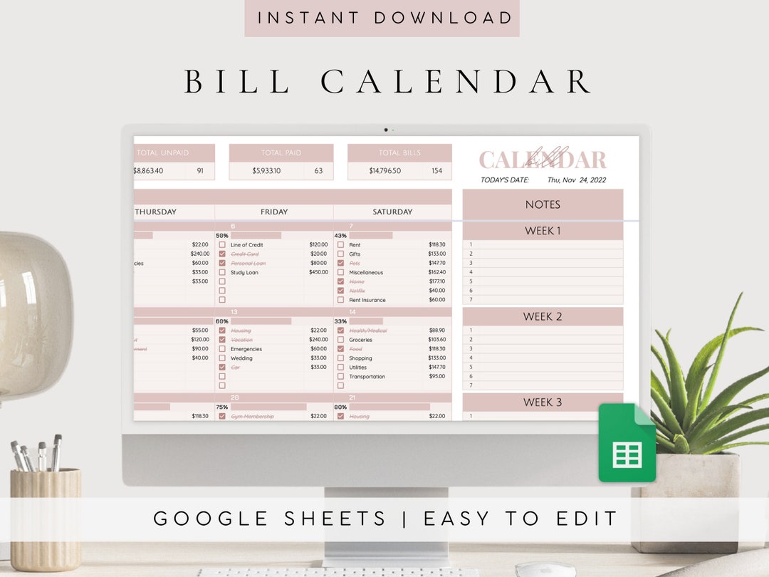 Bill Tracker Google Sheets Bills Calendar Planner Monthly Bill Planner