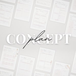 Puede incluir: Una colecci&oacute;n de hojas de planificaci&oacute;n de papel blanco dispuestas en un patr&oacute;n de cuadr&iacute;cula, con varias plantillas como planes de autocuidado, metas mensuales y recordatorios diarios. La palabra CONCEPT est&aacute; superpuesta en texto cursivo.