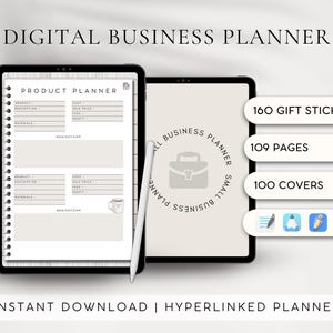 Könnte beinhalten: Digitaler Businessplaner auf zwei Tablets. Eines zeigt ein Produktplaner-Layout mit Abschnitten für Produktbeschreibung, Kosten und Gewinn. Das andere zeigt ein Logo und Details: 160 Geschenkaufkleber, 109 Seiten und 100 Cover.