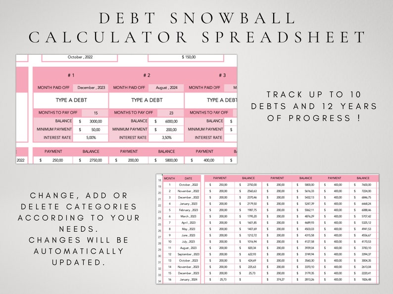 Calculateur de remboursement de dette Excel Feuille de calcul Dave Ramsey Calculatrice boule de neige sur la dette Suivi de la dette Modèle de planificateur budgétaire Planificateur financier image 3