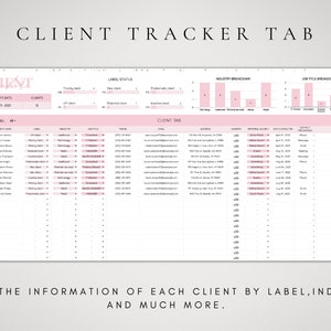 May include: A pink and white spreadsheet with the title "CLIENT TRACKER TAB". The spreadsheet is divided into sections for client information, label stats, industry breakdown, and job title breakdown. The spreadsheet is designed to track client information, including name, email, phone number, address, website, and notes.