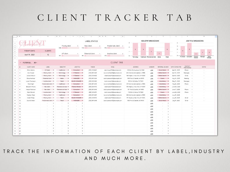 May include: A pink and white spreadsheet with the title "CLIENT TRACKER TAB". The spreadsheet is divided into sections for client information, label stats, industry breakdown, and job title breakdown. The spreadsheet is designed to track client information, including name, email, phone number, address, website, and notes.
