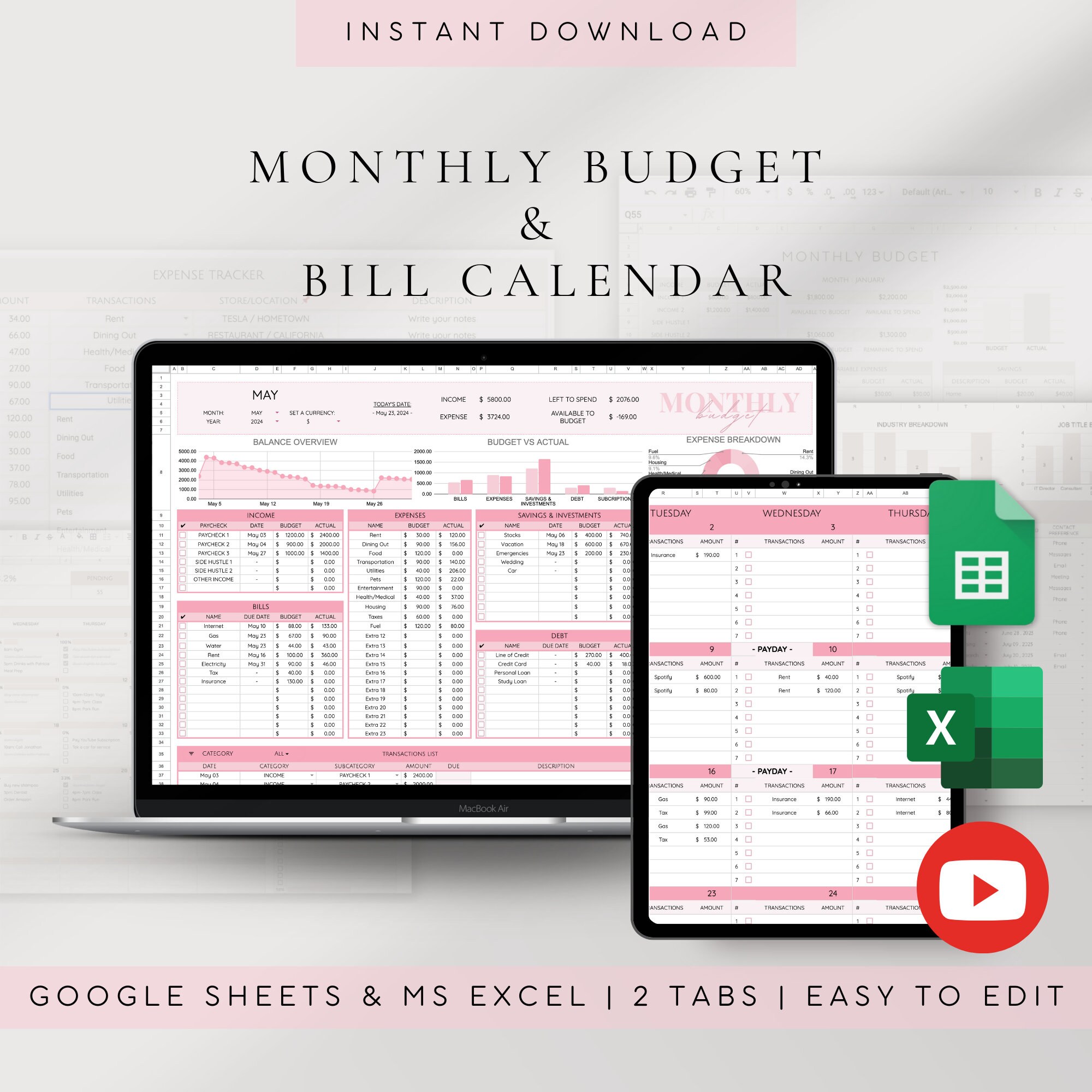 Monthly Budget Spreadsheet + Bill, Debt, Subscription Calendar | Income and Expense Tracker | Automated Budget Template | Savings Tracker