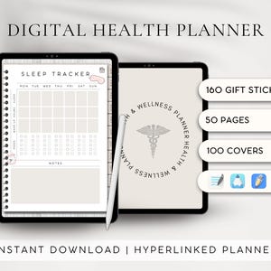 Könnte beinhalten: Digitaler Gesundheitsplaner mit einem Schlaf-Tracker, 160 Geschenkaufnähern, 50 Seiten und 100 Umschlägen. Der Planer zeigt ein medizinisches Symbol mit einer Schlange, die um einen Stab gewickelt ist.