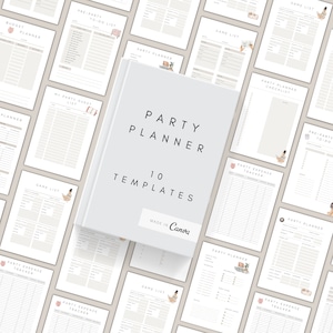 May include: A set of 10 printable party planner templates in a light brown and white color scheme. The templates include a budget planner, guest list, to-do list, game list, and expense tracker. The text "Party Planner 10 Templates Made in Canva" is displayed on the front cover.