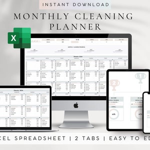 May include: A digital monthly cleaning planner shown on a desktop computer, laptop, tablet, and smartphone. The Excel spreadsheet has a clean layout with the text "MONTHLY CLEANING PLANNER" and "EXCEL SPREADSHEET | 2 TABS | EASY TO EDIT". The devices are arranged on a light background.