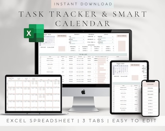 Modèle Excel de liste de tâches et de calendrier intelligent | Suivi des tâches Excel | Calendrier numérique 2024 2025 | Modèle de liste de contrôle numérique | Quotidien, mensuel