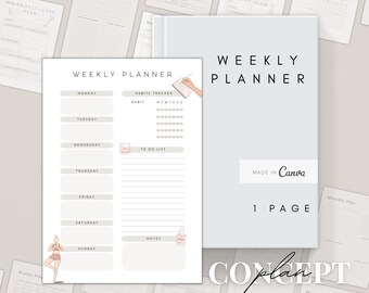 May include: A weekly planner with a light gray cover and the words "WEEKLY PLANNER" in black. The planner includes a habit tracker, to-do list, and space for notes. Additional planner pages are visible in the background.