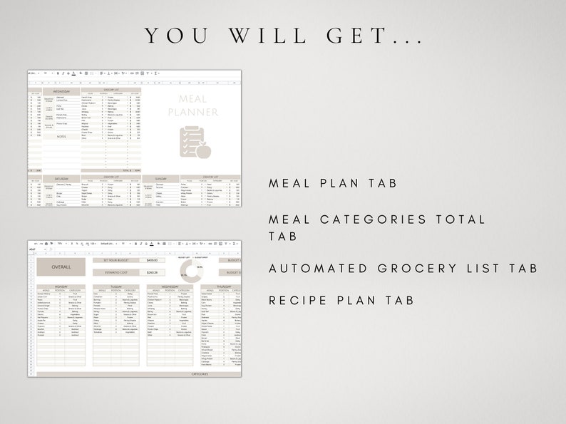 May include: A screenshot of a computer screen showing a spreadsheet with tabs labeled "Meal Planner", "Meal Plan", "Meal Categories Total", "Automated Grocery List", and "Recipe Plan".