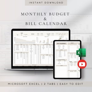 Digital Monthly Budget Planner | Excel Budget Spreadsheet Template | Expense, Bills, Debt, Savings, Subscription Tracker | Bill Calendar
