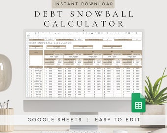 Könnte beinhalten: Ein Computerbildschirm zeigt eine Google Sheets-Tabelle mit dem Titel "Debt Snowball Calculator" an. Die Tabelle soll Benutzern helfen, ihre Schuldenzahlungen zu verfolgen und zu verwalten. Die Tabelle enthält Spalten für Monat, Zahlung, Saldo und Zinssatz. Die Tabelle ist einfach zu bearbeiten und zu verwenden.