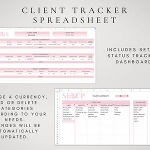 May include: A pink and white spreadsheet template for tracking clients, projects, and invoices. The spreadsheet includes tabs for clients, invoices, and projects. The template also includes a status tracker dashboard.