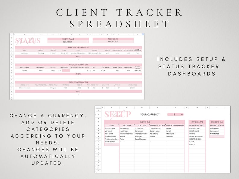 May include: A pink and white spreadsheet template for tracking clients, projects, and invoices. The spreadsheet includes tabs for clients, invoices, and projects. The template also includes a status tracker dashboard.