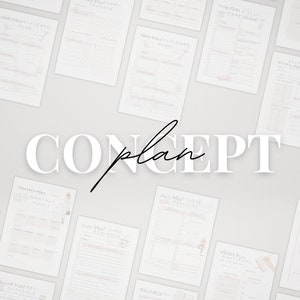 May include: A collection of printable self-care planner pages with the word "CONCEPT plan" in large white letters on a grey background.