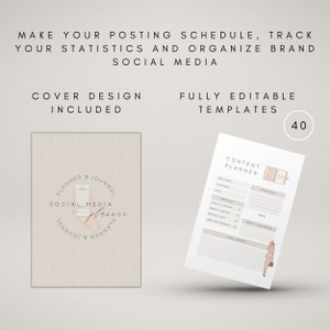 May include: A printable social media planner and journal with a cover design featuring a hand holding a phone with the text "Planner & Journal Social Media Planner". The planner includes 40 fully editable templates for content planning.