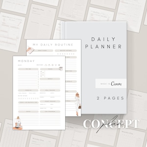 May include: A printable daily planner template with a minimalist design. The planner includes sections for to-do lists, goals, meal tracking, water intake, and gratitude. The template is designed for Monday and includes the text "DAILY PLANNER" and "MADE IN Canva".